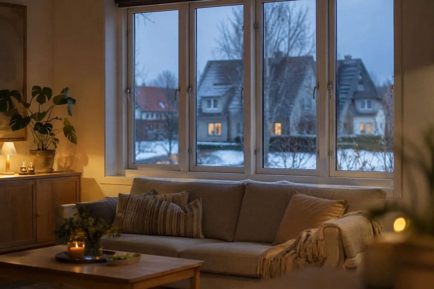Warm, bright living room behind new energy-efficient windows on a winter evening