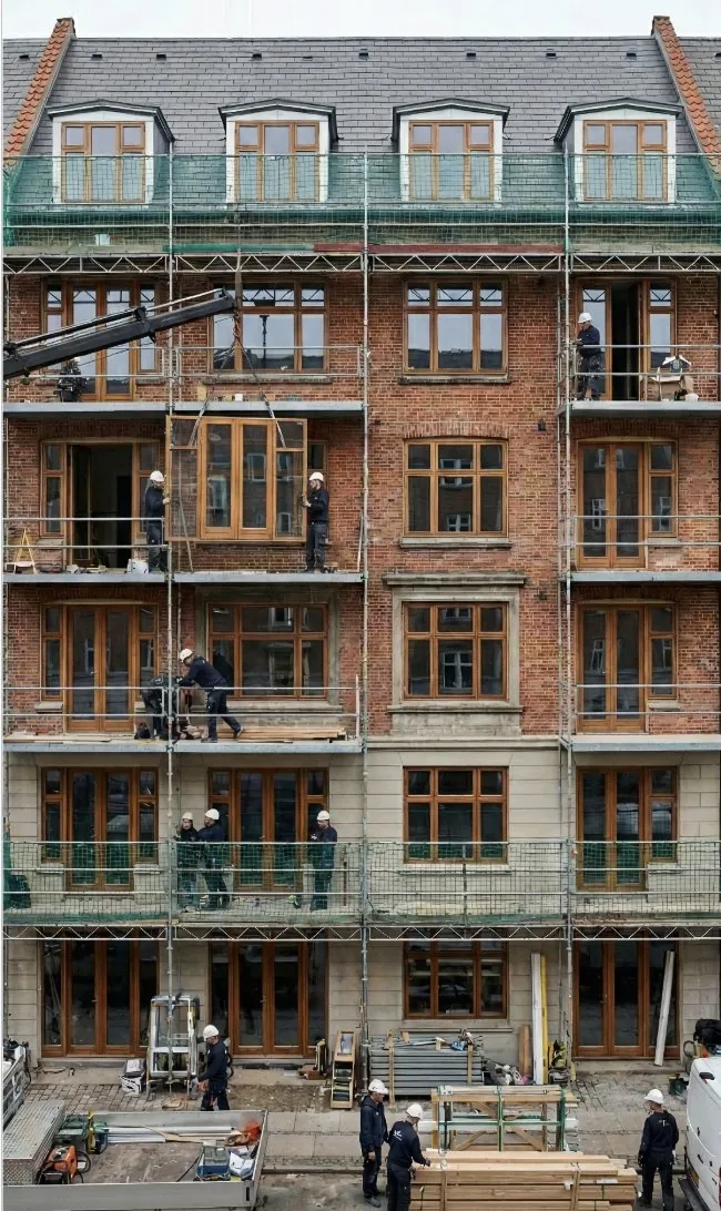 Housing association building under renovation with scaffolding and new windows