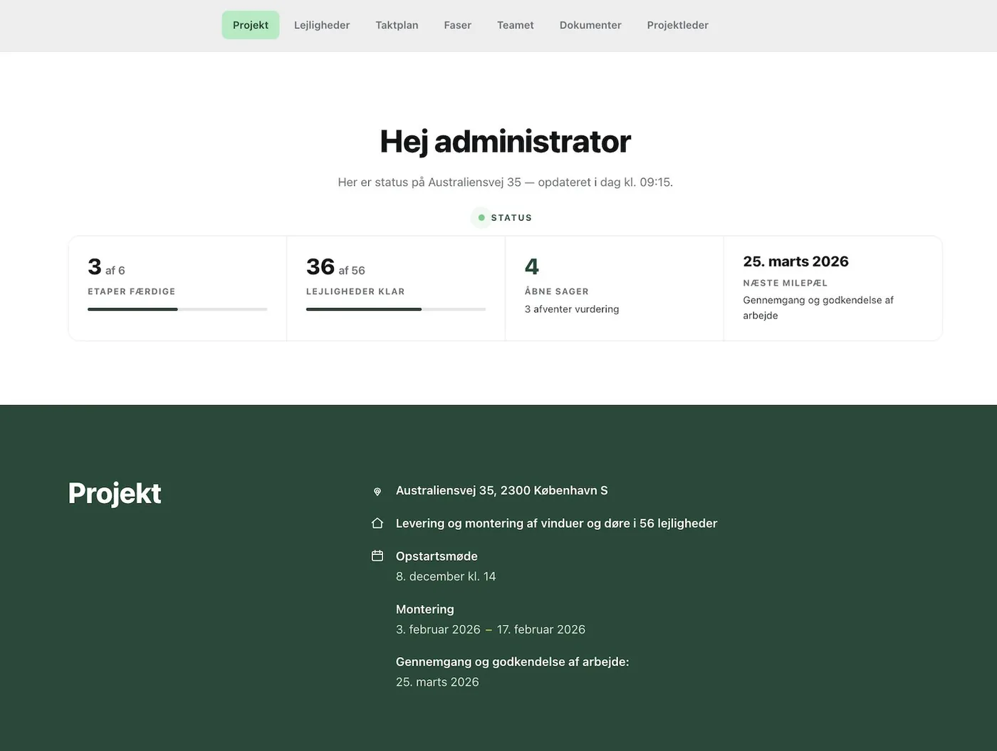 The administrator's homepage in the portal with the status of the whole project