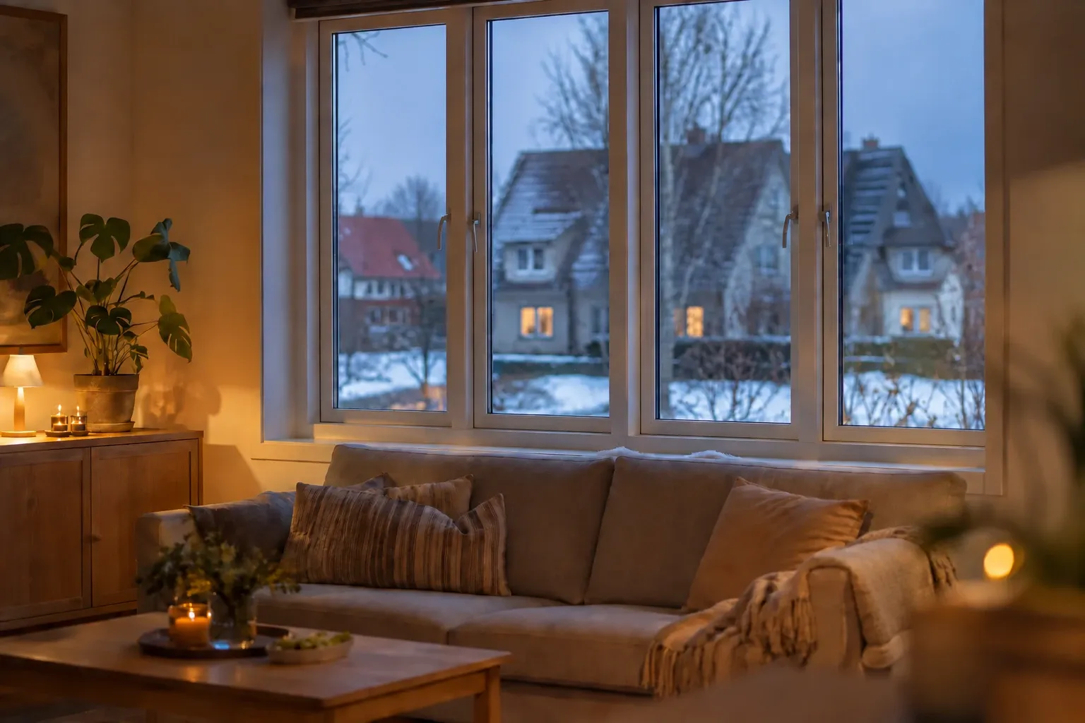 Cosy living room with a sofa in front of large white windows on a winter evening, with snow and houses outside