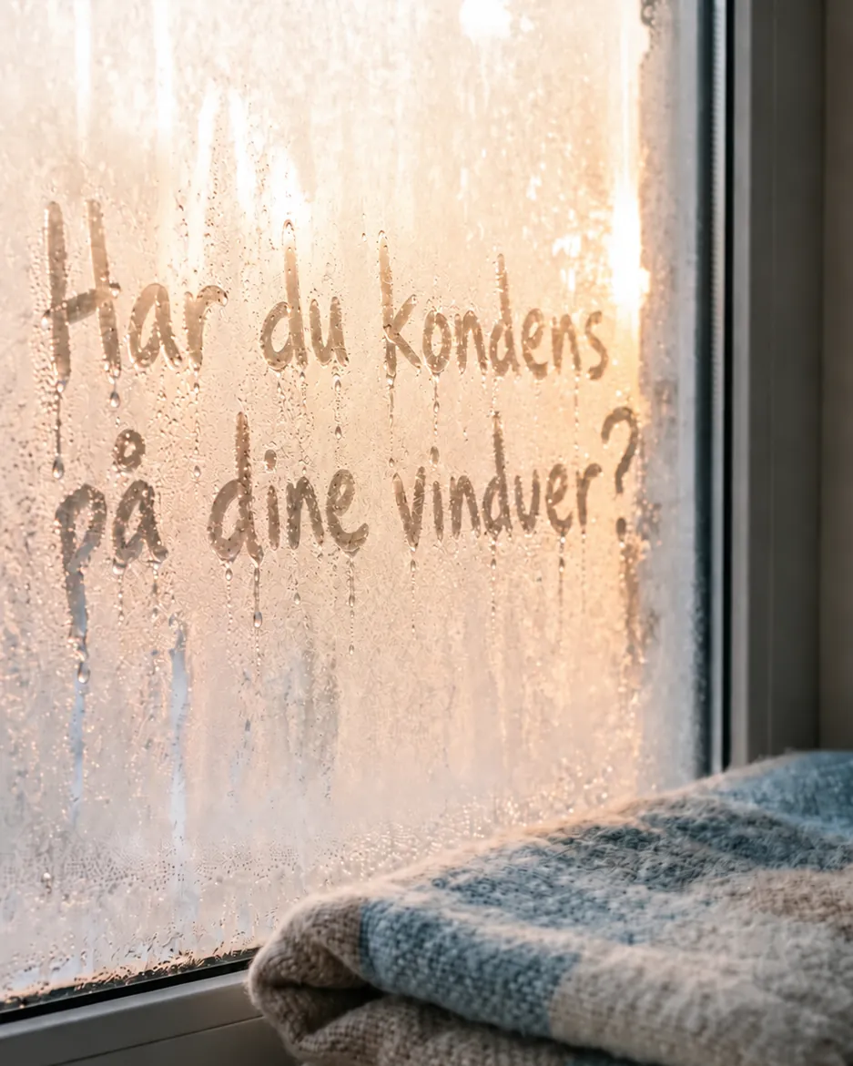Misted-up window pane with the Danish words for “Do you have condensation on your windows?” written in the condensation